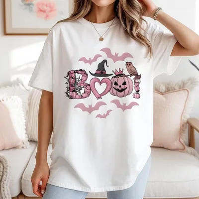 Boo Pink Halloween T-Shirt T-Shirt T-Shirt Cute Pumpkin Owl Graphic T-Shirt Cozy Fall For Women Retro Spooky