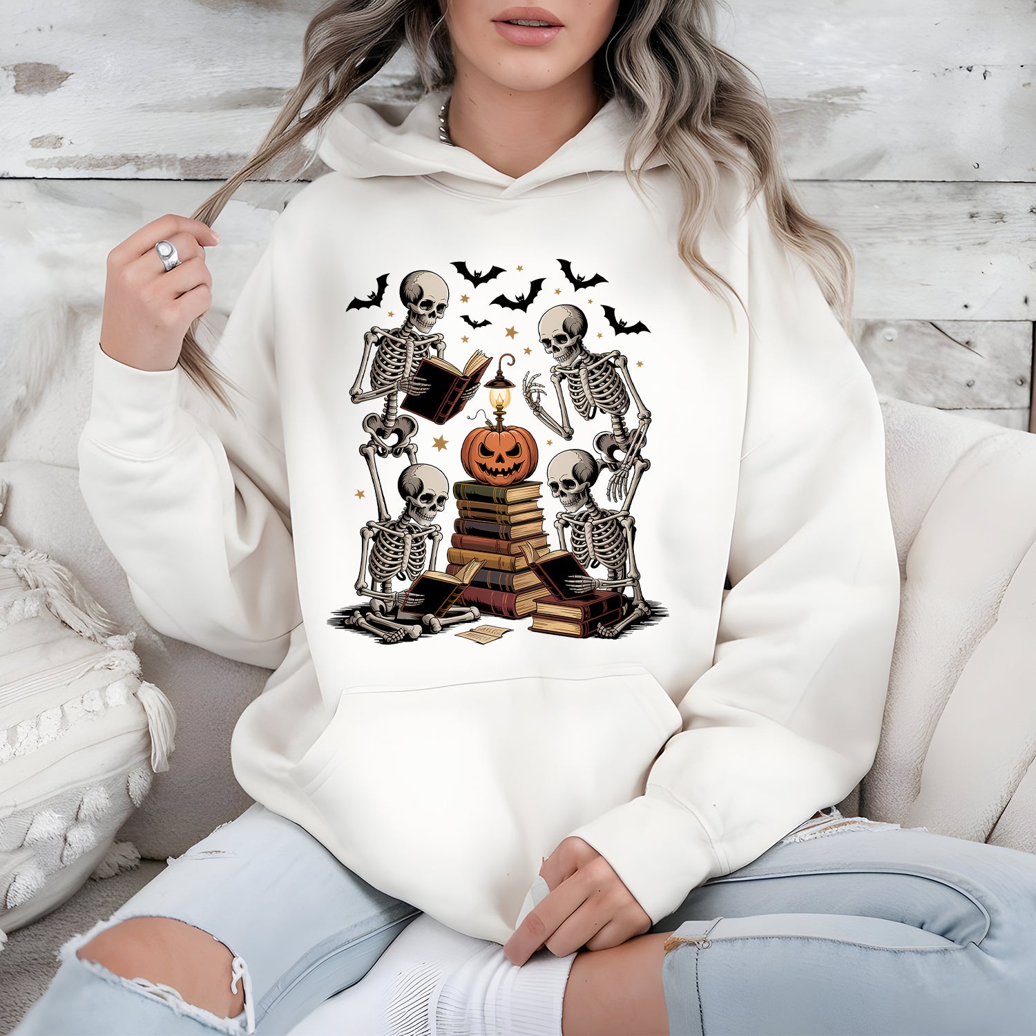 Retro Skeleton Book Lover Hoodie – Halloween Graphic Pullover