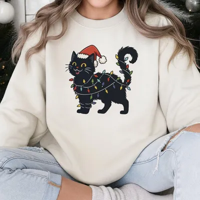 Black Cat Christmas Sweatshirt, White Cozy Holiday With Lights Sweatshirt, Winter Outfit For Cat Lovers