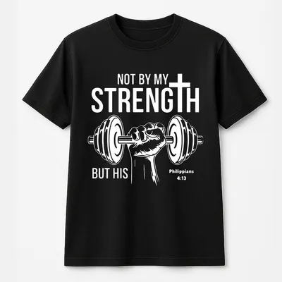 Not By My Strength But His T-Shirt, Featuring Powerful Hand Holding Dumbbell With Cross Design And Philippians Verse, Faith Based Christian Gym T-Shirt