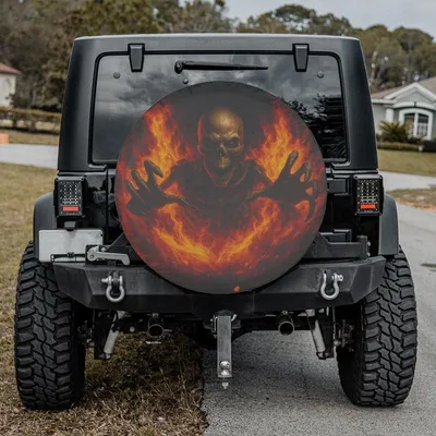 Fiery Skeleton Spare Tire Cover, Horror Flame Skull Design, Halloween Spooky Wheel Cover, Backup Camera Hole Option, Universal Fit Suv Truck Spare Tire Cover