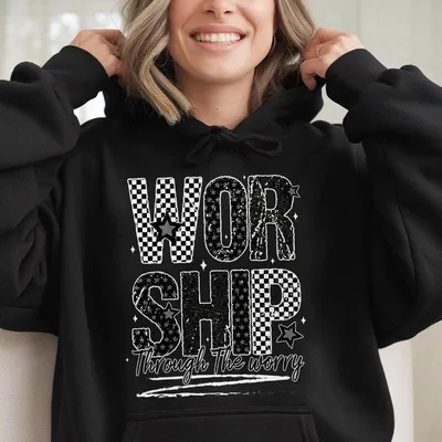 Worship Through The Worry Bible Verse Hoodie Christian God Checkered Preppy Black White Hoodie Faith Religious