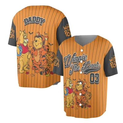 Winnie The Pooh Polo Baseball Jersey, Pooh And Tigger Playing Basketball, Orange Stripe Background, Daddy Text, Cartoon Sportswear