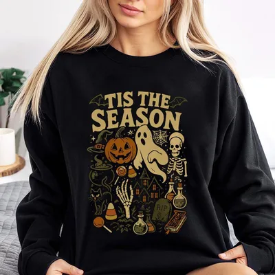 Pumpkin Ghost Graphic Sweatshirt, Tis' The Season Halloween Sweatshirt, Retro Halloween Style, Vintage Halloween Aesthetic, Women'S Halloween Gift