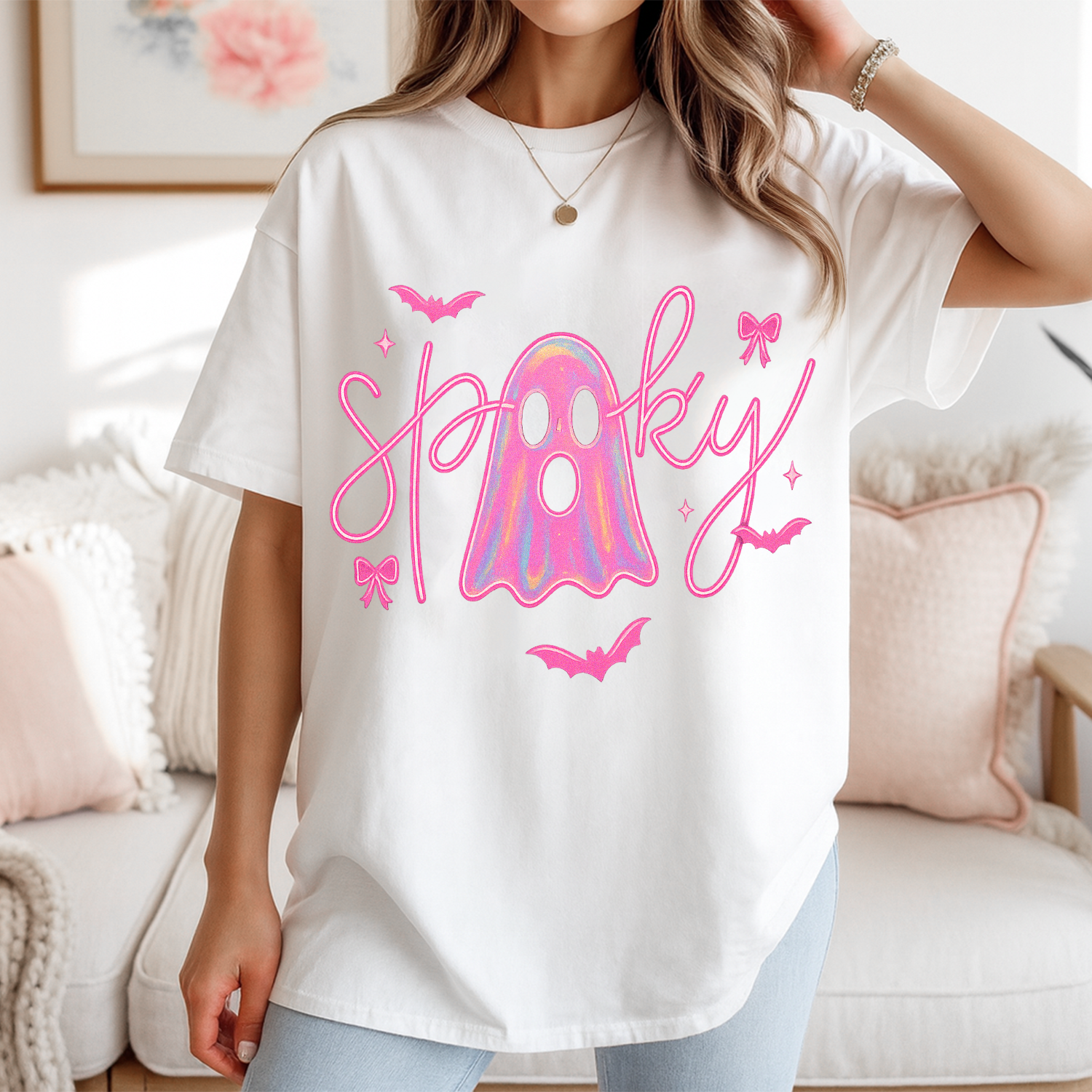 Pink Neon Spooky Ghost Halloween Boo T-Shirt