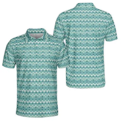 Teal Blue Striped Polo Polo Shirt, Fresh Geometric Pattern, Summer Casual Golf Polo For Men