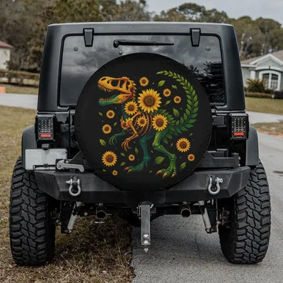 Floral Dinosaur Skeleton Spare Tire Cover, Sunflowers T-Rex Jungle Leaf Car Wheel Protector, Cute Dino Lover Gift Spare Tire Cover