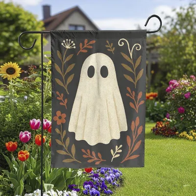 Minimalist Ghost Halloween Garden Flag, Rustic Fall Yard Decor, Boho Spooky Outdoor Banner, Neutral Autumn Porch Decoration Vertical Garden Flag