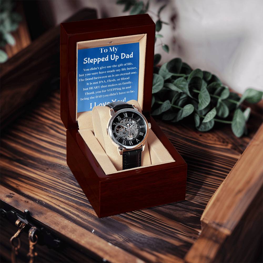 Men Skeleton Leather Band Automatic Movement Stepped Up Bonus Dad Gift Openwork Watch