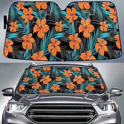 Orange Hawaiian Hibiscus Flower Over Acera Leaf All Over Print Car Sun Shades Cover Auto Windshield PrintSyde
