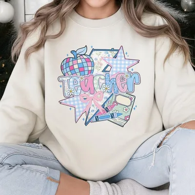 Boho Brushstroke Teacher Floral Coquette Bow Sweatshirt, Teach Love Inspire Sweatshirt, Retro Teaching Life Gift, Grandmillennial Floral Teacher Sweatshirt