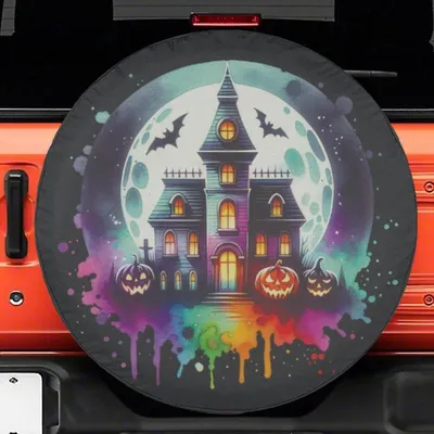 Halloween Haunted House Spare Tire Cover, Watercolor Splash Art, Jack-O'-Lanterns And Full Moon Spare Tire Cover