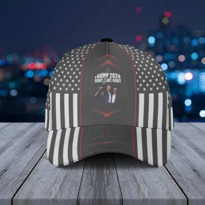 Baseball Cap Trump 2024 Baseball Cap Panel With Black White Flag And Red Outline Graphic