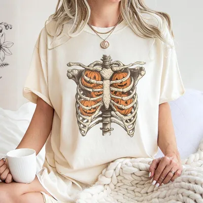 Ribcage Pumpkins Halloween T-Shirt Retro Skeleton Pumpkin  Spooky Season Fall T-Shirt Unisex