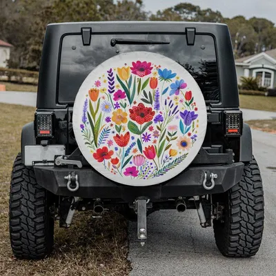 Floral Spare Tire Cover, White Flower Design, Boho Chic Car Accessory For Women, Elegant Decorative Wheel Cover Spare Tire Cover