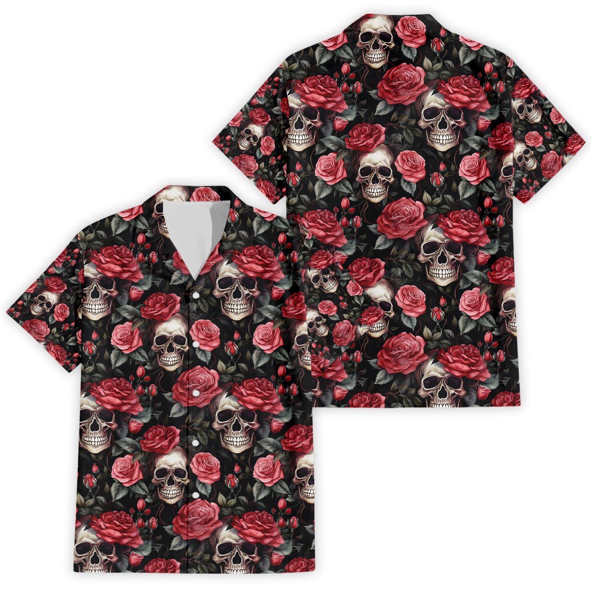 Skull and Rose Hawaiian Shirt - Gothic Seamless Pattern