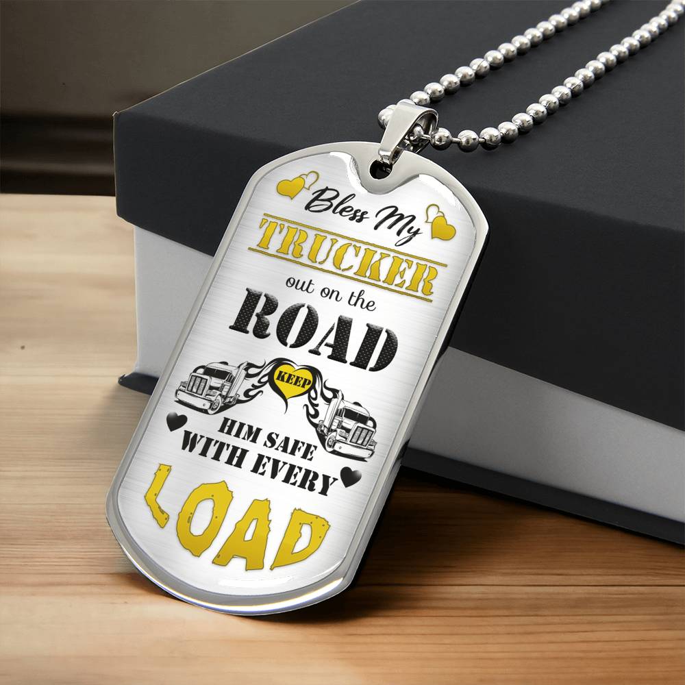 Bless My Trucker - Gift For Trucker - Truck Driver Gifts - Gift From Truckers Wife - Army Tag Necklace, Dog Tag