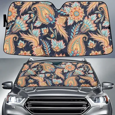 Yellow Flower And Leaf Paisley Pattern Style Car Sun Shades Cover Auto Windshield PrintSyde