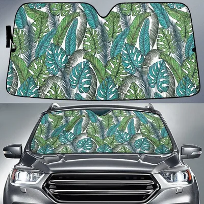 Green Monstera And Coconut Leaves Summer Tropical Leaf Car Sun Shades Cover Auto Windshield PrintSyde