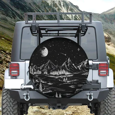 Spare Tire Cover With Backup Camera Hole, Monochrome Mountain Forest Under Starry Night Sky Spare Tire Cover