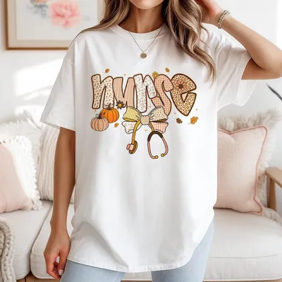 Fall Pumpkin Nurse T-Shirt Autumn Glitter Bow T-Shirt Cute Fall Floral T-Shirt For Nurses Fall Nursing T-Shirt Pumpkin Season