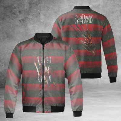 Freddy Krueger Windproof Bomber Jacket, Sweet Dream Nightmare Art, Halloween Horror Fan Gear, Purple Neon Bomber Jacket