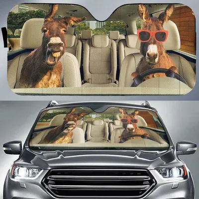 Couple Donkeys Driving Printed Car Sun Shade, Summer Car Sunshade