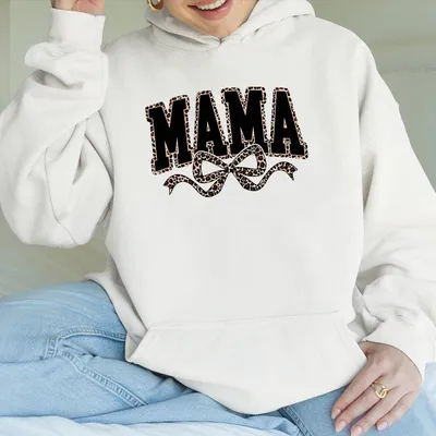 Leopard Mama Hoodie, Animal Print Bow, Stylish Mom Hoodie, Cute Mother Graphic Top, Cozy Everyday Mama Hoodie