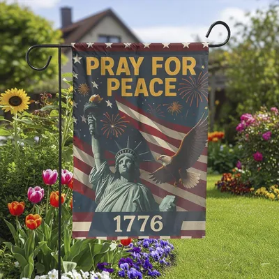 Pray For Peace Garden Flag, Patriotic Statue Of Liberty Outdoor Decor, 1776 Usa Yard Banner With Eagle & Fireworks, 4th Of July Sign Vertical Garden Flag