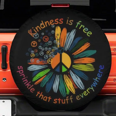 Kindness Is Free Spare Tire Cover, Colorful Peace Sign Flower Protector, Hippie Retro Motivational Quote, Universal Vehicle Spare Tire Cover