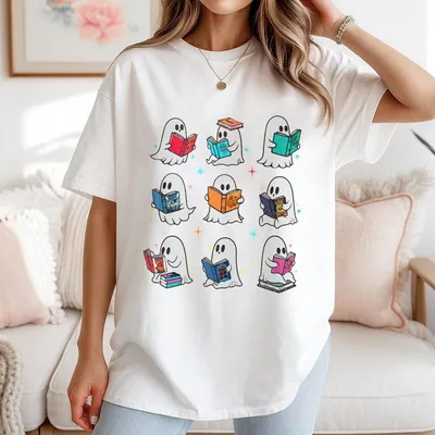 Ghost Reading T-Shirt Funny Teacher Librarian Book Lover Graphic T-Shirt T-Shirt For Women Men