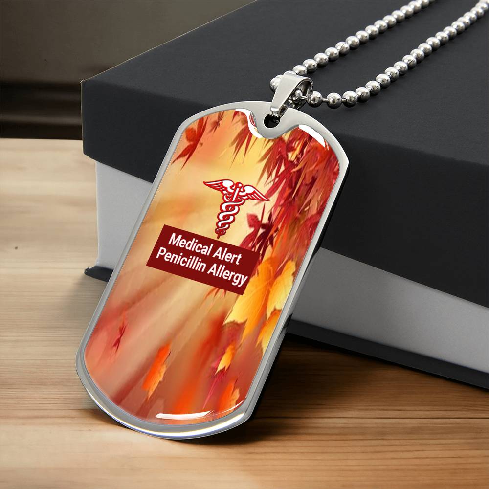 Medical Alert Jewelry - Penicillin Allergy Dog Tag - Autumn - Army Tag Necklace, Dog Tag
