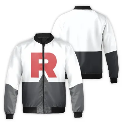 Team Rocket Windproof Bomber Jacket, PokéMon Villain Fan Gear, Classic 'R' Logo Outerwear, Casual Anime Gift Bomber Jacket