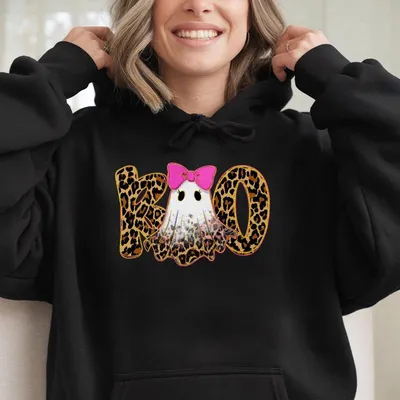 Preppy Ghost Boo , Leopard Spooky Coquette , Leopard Ghost Hoodie, Halloween Hoodie, Fall Hoodie, Trendy Hoodie, Halloween Gift, Pumpkin Hoodie