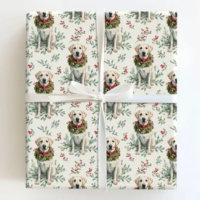 Wreath the White Lab - Gift Wrap for Christmas, Holidays Wrapping Paper, Christmas Wrapping Paper