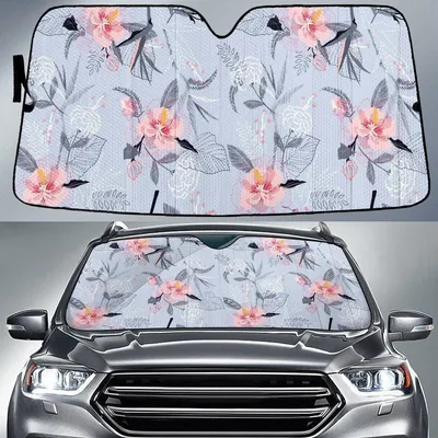 Black Bird Of Paradise And Pink Chinese Hibiscus Flower Blue Car Sun Shades Cover Auto Windshield PrintSyde