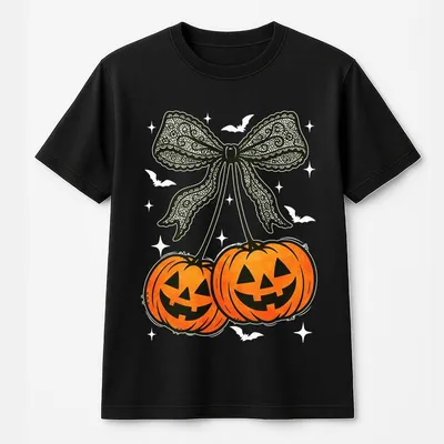 Halloween Pumpkin Cherries Bow T-Shirt - Unisex Apparel Relaxed Fit, Women'S Clothing