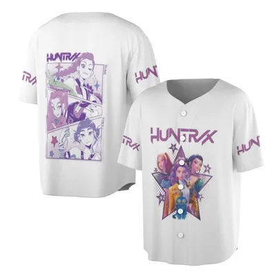 Huntrax Polo Baseball Jersey, Star-Shaped Character Layout, Purple Comic Panel Design, Beige Background, Hero Squad Style