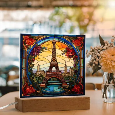 Eiffel Tower Stained Glass Acrylic - Home Decoration Gift For Traveler Paris Souvenir - Acrylic Square Plaque