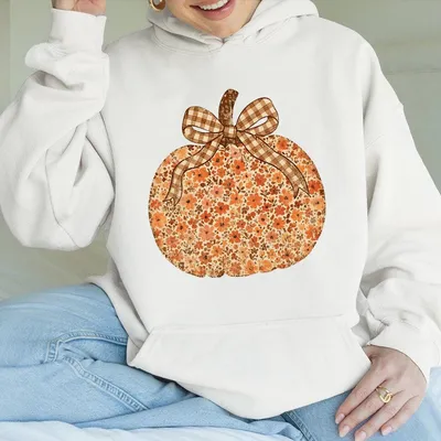 Retro Grunge Chinoiserie Pumpkin Hoodie Floral Fall Cotton Women  Halloween Autumn Toile Style Cozy