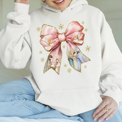 Pink Jesus Christmas Coquette Bow Hoodie Pink Christmas Oh Come Let Us Adore Him Christmas Nativity Scene Joy Xmas