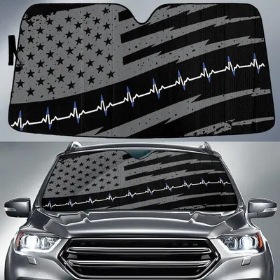 Grey Black American Flag And White Blue Heartbeat Printed Car Sun Shades Cover Auto Windshield PrintSyde