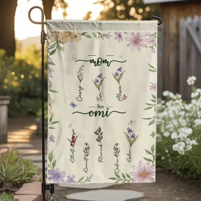 Mom And Omi Floral Garden Flag, Family Name Flag, Personalized Mothers Day Gift Vertical Garden Flag