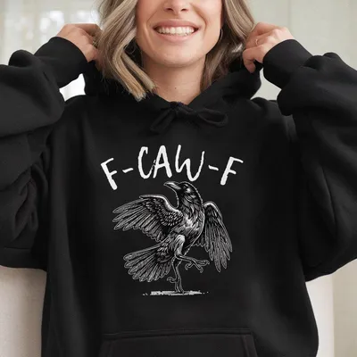 F Caw F Crow Print Hoodie Casual Unisex Black And White Bird Graphic Design Sand Color  For Fall