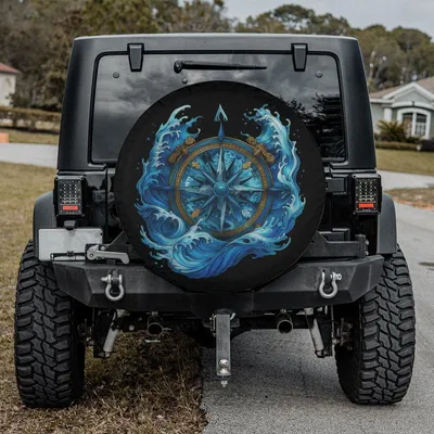 Nautical Compass Spare Tire Cover, Ocean Wave Design In Blue And Gold, Marine Adventure Theme, Coastal Beach Traveler Gift For Sailors And Sea Lovers Spare Tire Cover