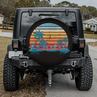 Retro Sunset Spare Tire Cover, Vintage Palm Tree Beach Wheel Protector, Tropical Vacation Dust Cover Spare Tire Cover