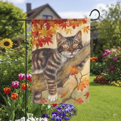 Fall Cat Garden Flag, Vertical Double Sided Autumn Leaves Thanksgiving Holiday Outside Flag Vertical Garden Flag
