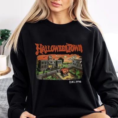 Spooky Village Sweatshirt Vintage Haunted Town Graphic With Pumpkin Statue Fall Street Scene Illustration Cozy