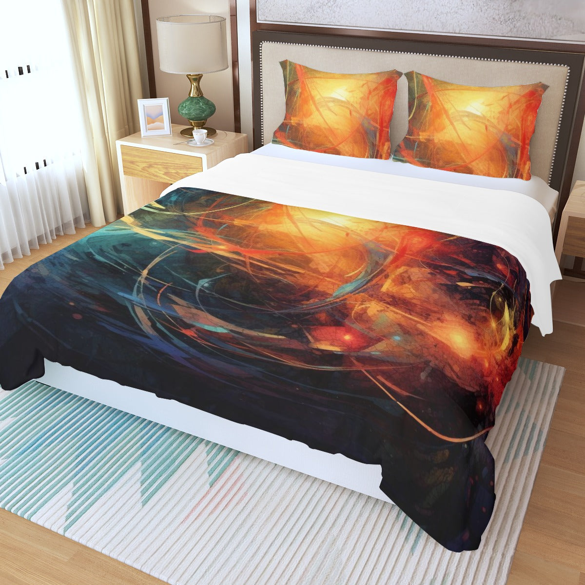 Nebula Swirl Bedding Set – Orange & Blue Abstract Space
