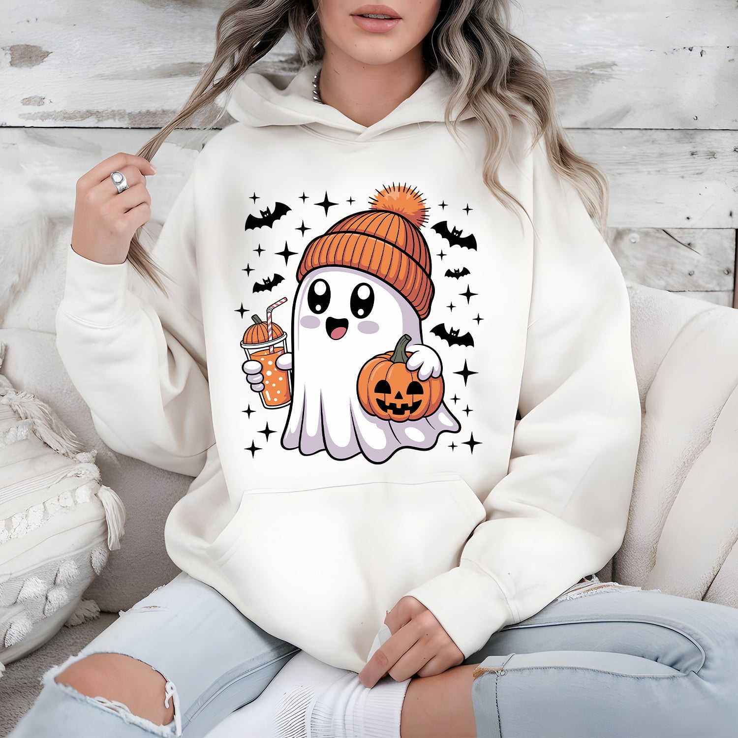 Cute Halloween Ghost Hoodie – Spooky Season Graphic Pullover
